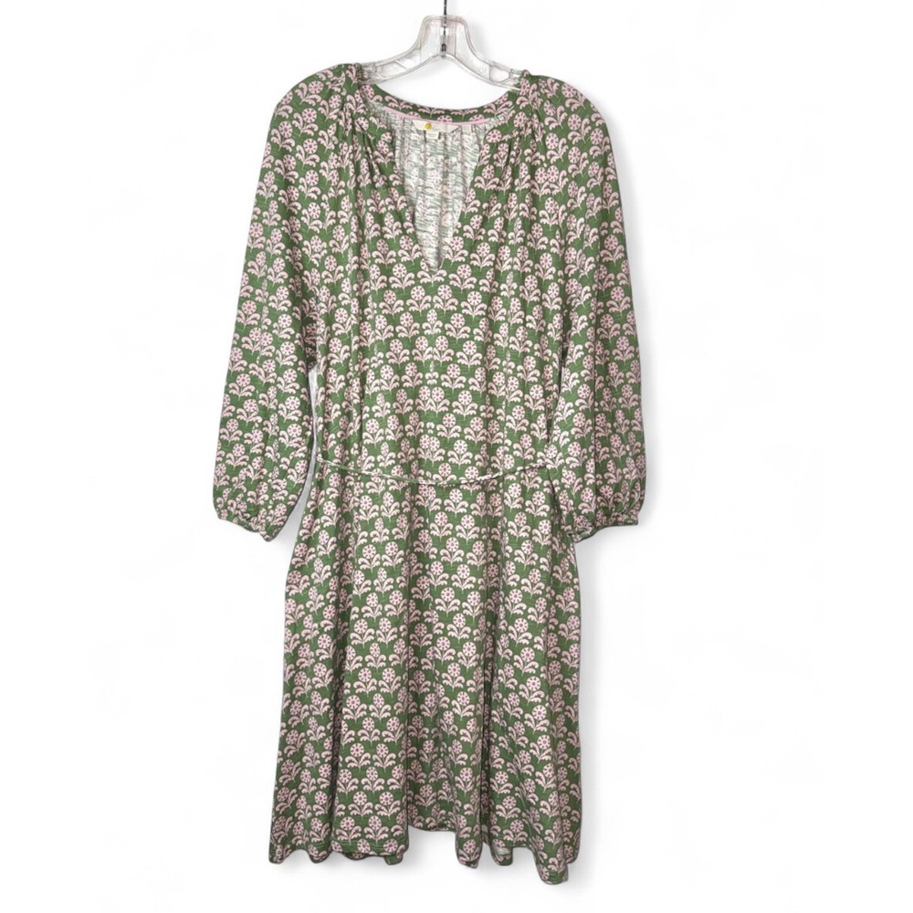 Boden Dress Womens 12L Green Pink Floral Cotton Belted Notch Neck Jersey Knit